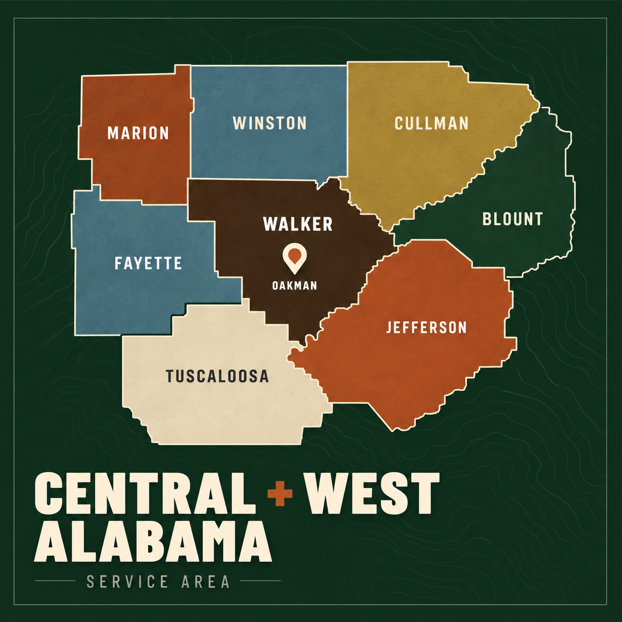 DCG Land Management service area map showing Walker, Marion, Winston, Cullman, Blount, Fayette, Tuscaloosa, and Jefferson counties with Oakman marked in Walker County